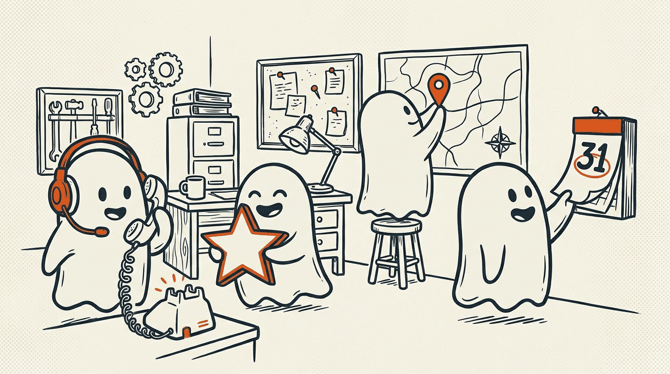 The ghost crew on night shift: one answers the phone, one holds up a five-star review, one pins the shop on the map, one keeps the calendar
